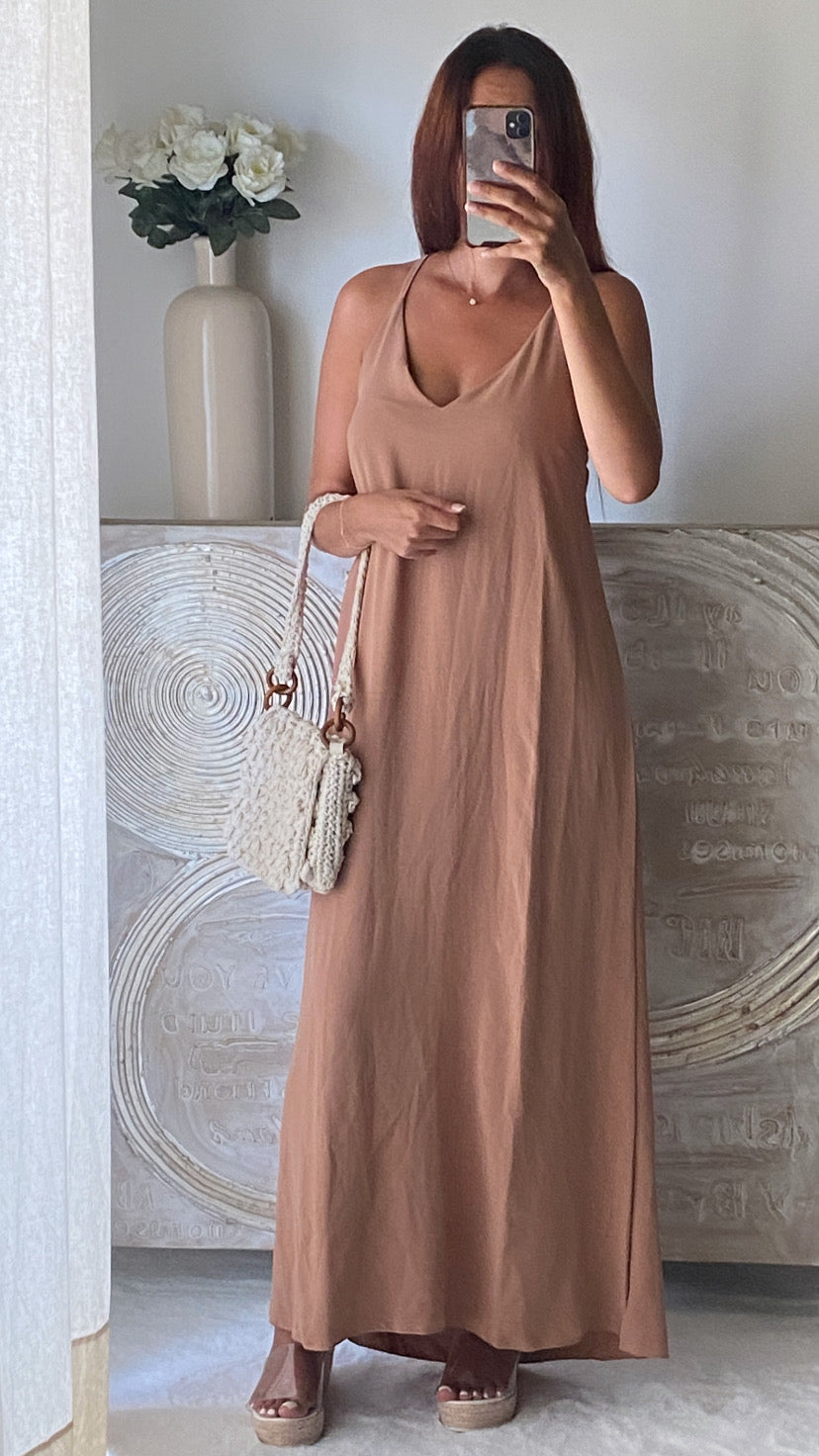 Robe fendue dos croisé camel