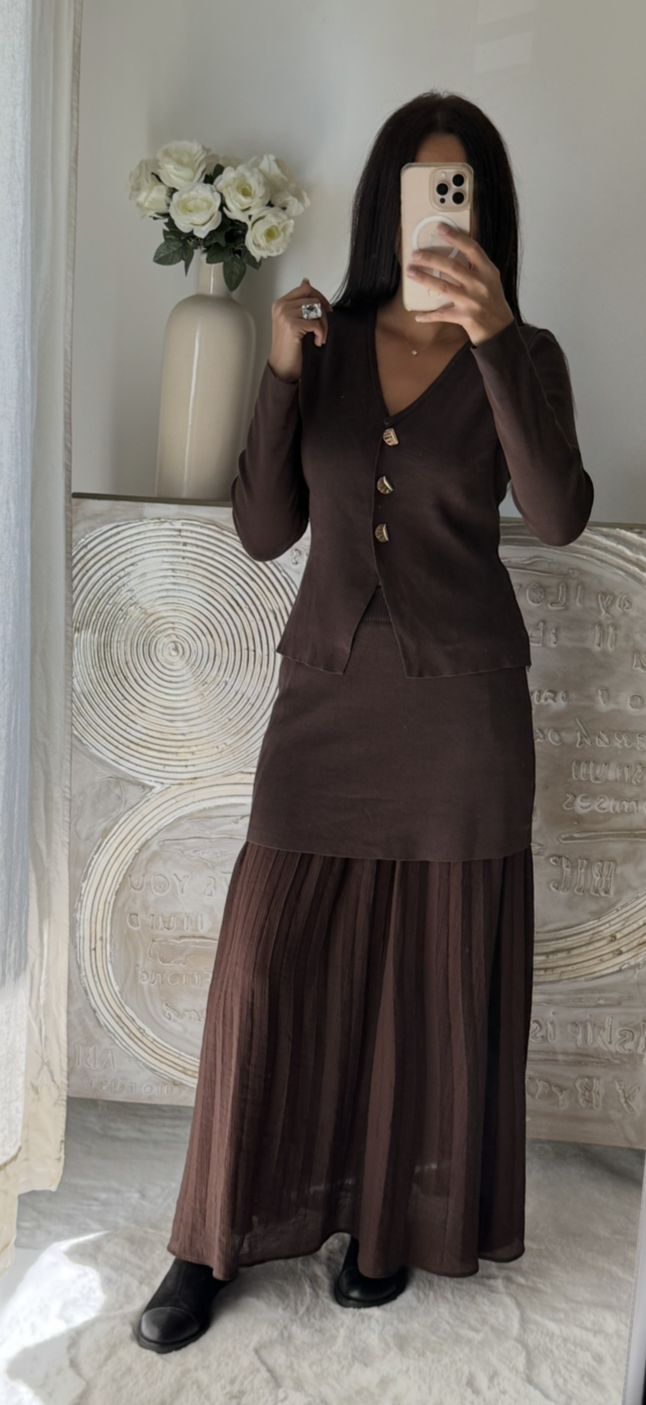 Ensemble jupe longue & gilet à boutons chocolat