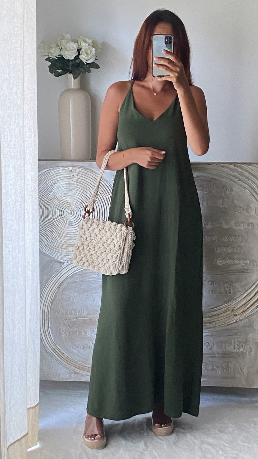 Robe fendue dos croisé kaki