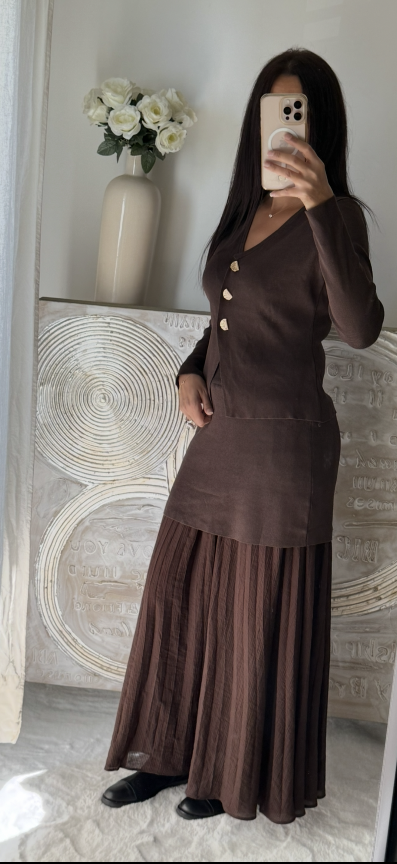 Ensemble jupe longue & gilet à boutons chocolat