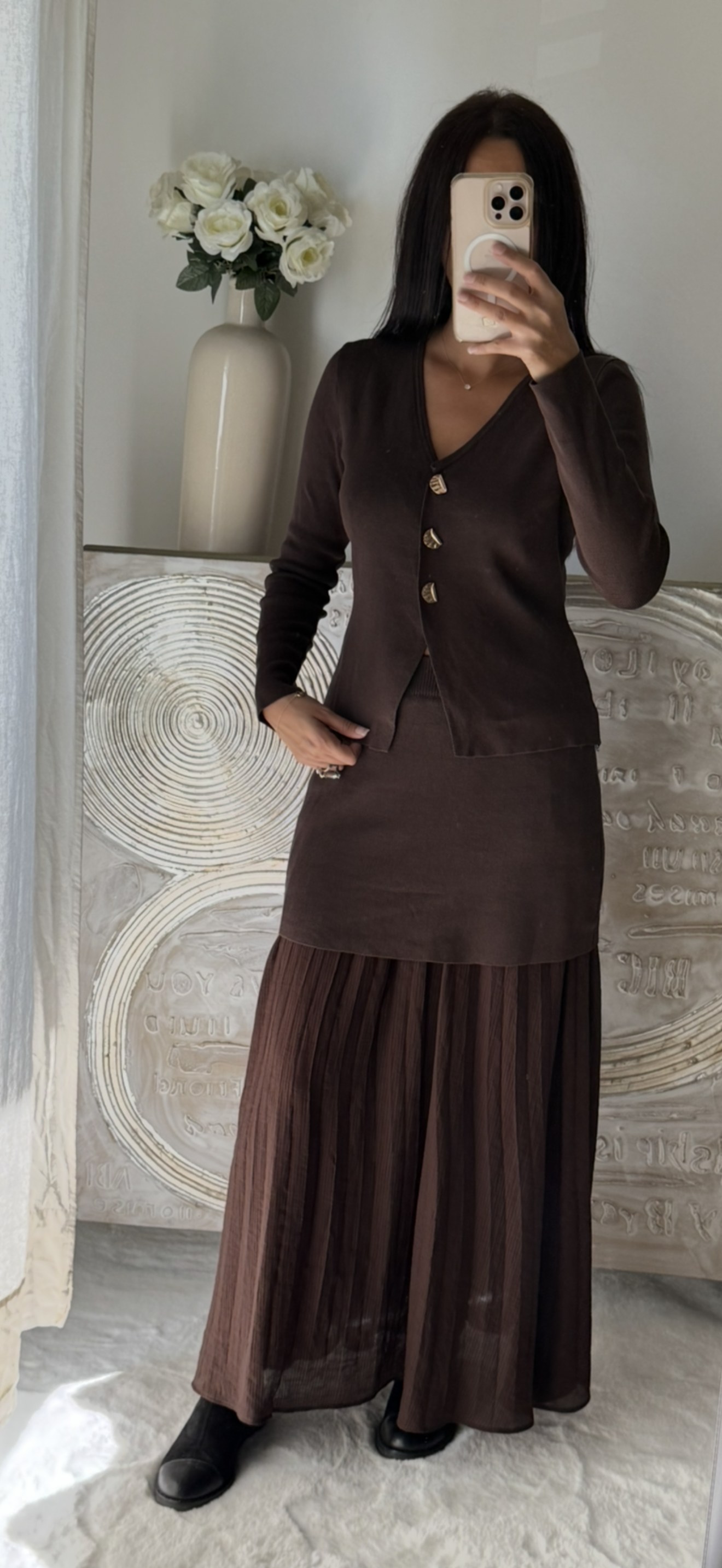 Ensemble jupe longue & gilet à boutons chocolat