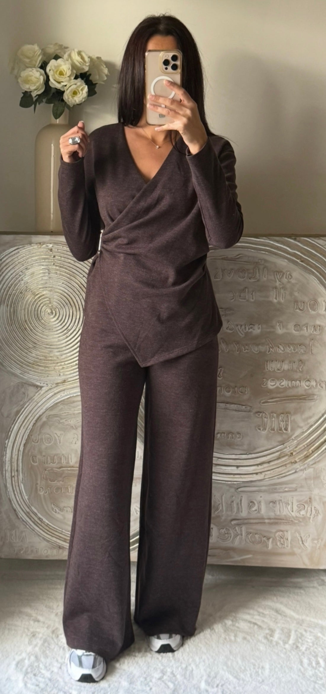 Ensemble cache coeur & pantalon en maille marron