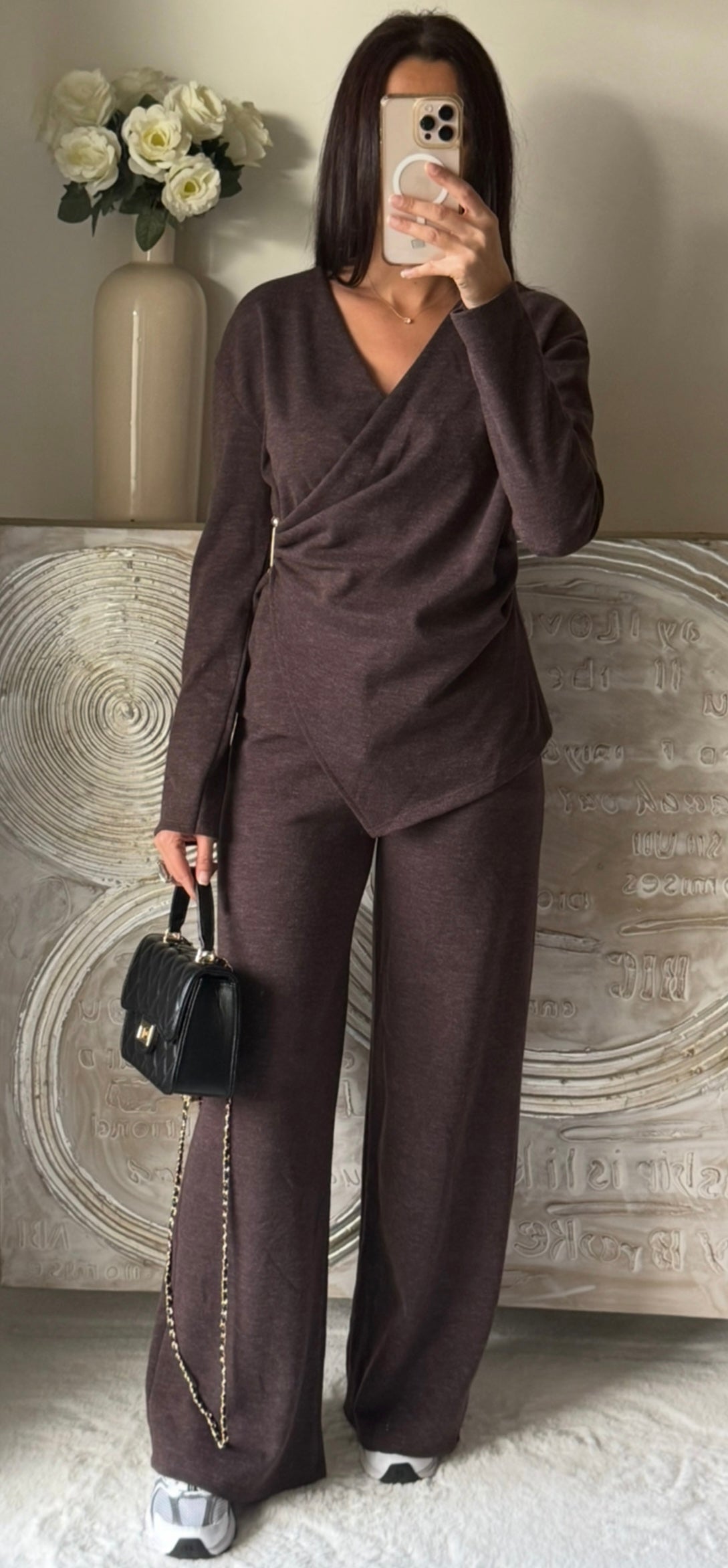 Ensemble cache coeur & pantalon en maille marron