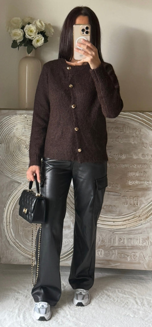 Cardigan doux à boutons dorés marron