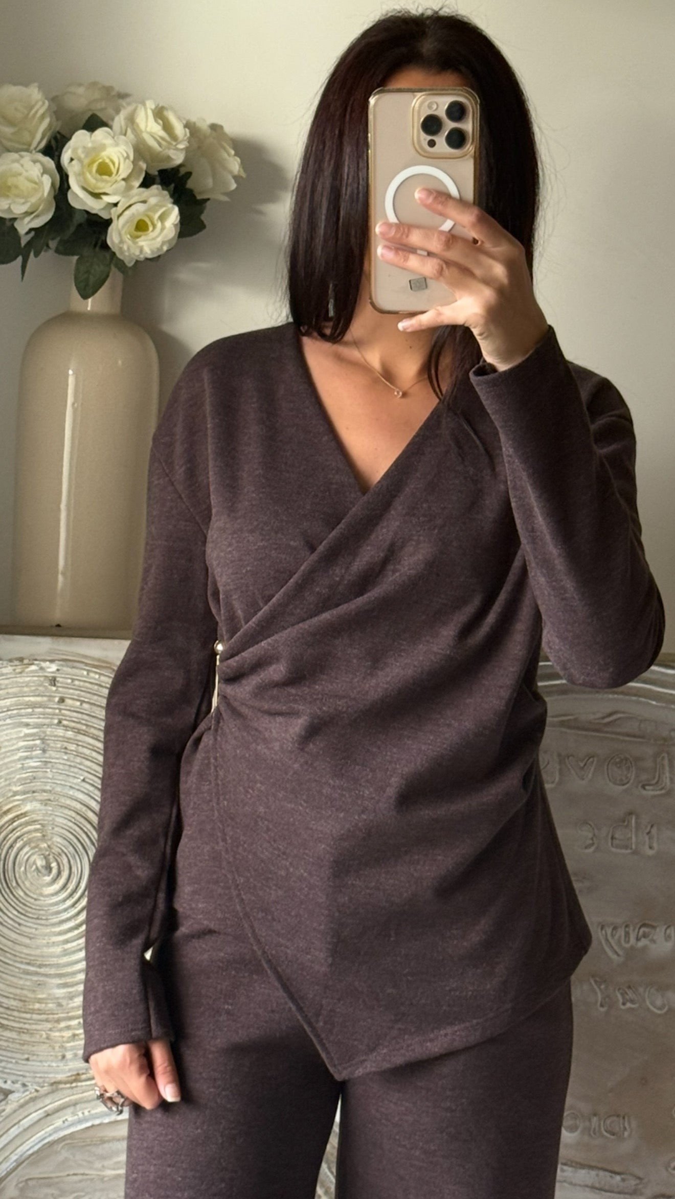 Ensemble cache coeur & pantalon en maille marron